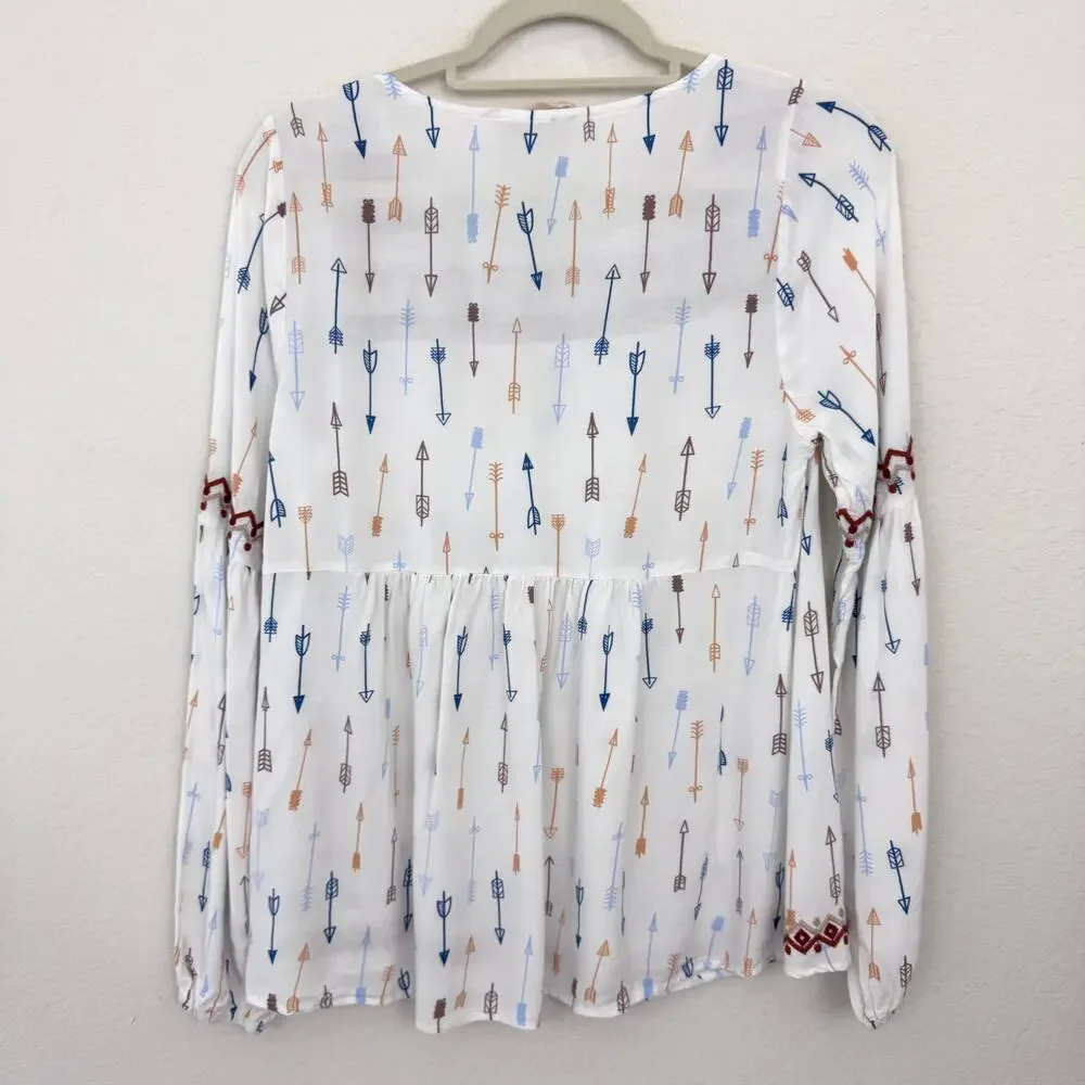 Savanna Jane Womens Blouse Top Size S Embroidered Arrow Flowy Boho Brown